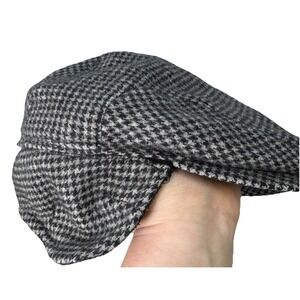 Joseph & Lyman 100% Camel Hair Newsboy Cap Hat Ear Flaps‎ Lined Houndstooth Grey